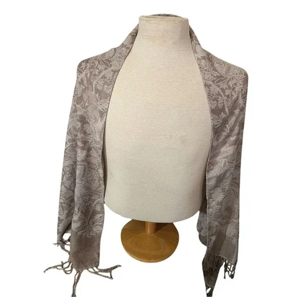 Waverly Women's Beige Floral Rectangle Scarf Shawl Wrap Fringe paisley oversized - Picture 3 of 9